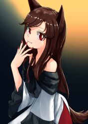 Rule 34 | 1girl, :3, absurdres, animal ears, brown hair, closed mouth, dress, fangs, fingernails, highres, imaizumi kagerou, long hair, long sleeves, looking at viewer, nail polish, off-shoulder dress, off shoulder, red eyes, red nails, scottie0521, sharp fingernails, smile, solo, tail, touhou, white dress, wolf ears, wolf girl, wolf tail