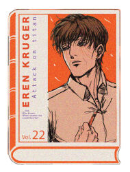Rule 34 | 1boy, book, bowl cut, brown hair, character print, collared shirt, cover, cover page, eren kruger, expressionless, facial mark, half-closed eyes, highres, holding, holding syringe, looking to the side, male focus, mature male, mimi (61743952), object focus, shingeki no kyojin, shirt, short hair, solo, syringe, tsurime, upper body