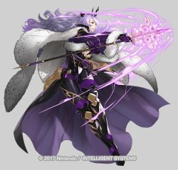Rule 34 | 1girl, armored boots, boots, breasts, camilla (fire emblem), cape, cleavage, copyright name, dress, fire emblem, fire emblem fates, fire emblem heroes, full body, fur trim, gloves, grey background, hair over one eye, kozaki yuusuke, large breasts, long hair, magic, nintendo, official art, purple hair, red eyes, solo, staff, teeth, tiara