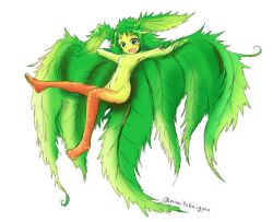 Rule 34 | 1girl, blue eyes, colored skin, female focus, flat chest, green hair, green skin, monster girl, nude, open mouth, original, plant girl, seirei, seirei (mimi toka), simple background, solo, twitter username, white background