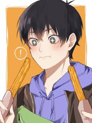 Rule 34 | !, + +, 1boy, black hair, blue eyes, blue lock, blush, churro, closed mouth, commentary request, drawstring, fanny pack, food, highres, holding, holding food, hood, hood down, hoodie, irhs 2333, isagi yoichi, short hair, solo, spoken exclamation mark