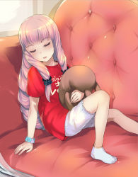 Rule 34 | 1girl, ankle socks, arm at side, arm support, aurora (pso2), blunt bangs, blush, breasts, closed eyes, clothes writing, couch, hair ornament, hair scrunchie, head tilt, holding, indoors, leg up, long hair, on couch, phantasy star, phantasy star online 2, pink hair, red shirt, scrunchie, shirt, shorts, sidelocks, sitting, sleeping, sleeping upright, socks, sody, solo, stuffed animal, stuffed rabbit, stuffed toy, t-shirt, very long hair, white shorts, white socks, wrist scrunchie