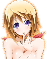 Rule 34 | 10s, 1girl, blonde hair, blush, breasts, charlotte dunois, infinite stratos, jewelry, looking at viewer, nude, out-of-frame censoring, pendant, purple eyes, solo, sumeragi tomo, upper body