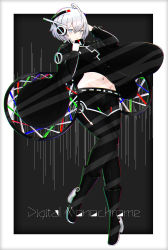Rule 34 | 1girl, absurdres, ahoge, arm up, black background, black footwear, black pants, blue eyes, blush, boots, border, closed mouth, clothes lift, commentary request, english text, full body, groin, hair between eyes, hand to head, hand up, headphones, high collar, highres, knee boots, long sleeves, looking at viewer, navel, original, outside border, pants, partial commentary, short hair, solo, stomach, temari rin, white border