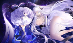 Rule 34 | 2girls, absurdly long hair, ass, azur lane, bare shoulders, black ribbon, blue eyes, breasts, cleavage, detached sleeves, double bun, dress, elbow gloves, flight deck, gloves, hair bun, hair ribbon, highres, huge breasts, illustrious (azur lane), illustrious (muse) (azur lane), isy, layered skirt, leaning forward, long hair, looking at viewer, microskirt, multiple girls, official alternate costume, purple eyes, purple hair, ribbon, skirt, small breasts, unicorn (angelic night) (azur lane), unicorn (azur lane), very long hair, white dress, white gloves, white hair