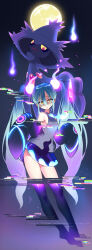 Rule 34 | 1girl, absurdres, armpits, black sleeves, blue hair, creatures (company), detached sleeves, full body, full moon, game freak, gen 4 pokemon, ghost miku (project voltage), glitch, grey shirt, hatsune miku, highres, hitodama, long hair, looking at viewer, looking down, miniskirt, mismagius, moon, multicolored hair, necktie, nintendo, pale skin, pokemon, pokemon (creature), project voltage, shirt, skirt, sleeveless, thighhighs, tm (hanamakisan), twintails, two-tone hair, very long hair, vocaloid, white hair, yellow eyes