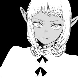 Rule 34 | 1boy, braid, braided ponytail, closed mouth, dark-skinned male, dark skin, dungeon meshi, elf, frills, frown, frs2, greyscale, highres, looking at viewer, male focus, monochrome, pointy ears, portrait, sidelocks, simple background, single braid, solo, thistle (dungeon meshi)