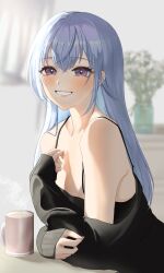 Rule 34 | 0923 azu, 1girl, bare shoulders, black cardigan, blue hair, blurry, blurry background, blush, cardigan, cardigan partially removed, cup, highres, idolmaster, idolmaster shiny colors, indoors, long hair, looking at viewer, mug, purple eyes, smile, solo, steam, straight hair, suzuki hana