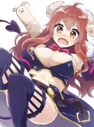 Rule 34 | 1girl, ahoge, black thighhighs, blush, breasts, brown eyes, brown hair, commentary request, crisis management form (machimazo), d:, demon girl, demon tail, detached sleeves, fang, hair between eyes, highres, horns, large breasts, long hair, looking at viewer, machikado mazoku, navel, open mouth, revealing clothes, sangria (sangria69), simple background, skin fang, solo, tail, tearing up, thighhighs, white background, yoshida yuuko (machikado mazoku)