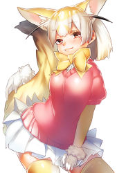 Rule 34 | 10s, 1girl, animal ears, blonde hair, blush, breasts, fennec (kemono friends), fox ears, fox tail, gradient hair, highres, kemono friends, light smile, looking at viewer, multicolored hair, pink sweater, pleated skirt, red eyes, ribbon, short-sleeved sweater, short hair, short sleeves, simple background, skirt, solo, sweater, tail, thighhighs, two side up, white background, white skirt, yellow ribbon, yellow thighhighs, zettai ryouiki