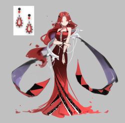 Rule 34 | 1girl, chyoel, closed mouth, dress, earrings, grey background, highres, jewelry, long dress, long hair, looking at viewer, original, pointy ears, red dress, red eyes, red hair, simple background, solo, very long hair, wristband