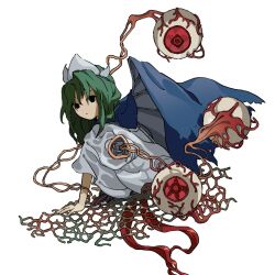Rule 34 | 1girl, black eyes, blood vessels, blue cape, body horror, cape, closed mouth, commentary request, empty eyes, eyeball, green hair, kaigen 1025, medium hair, mima (touhou), shirt, short sleeves, simple background, solo, touhou, touhou (pc-98), white background, white headwear, white shirt