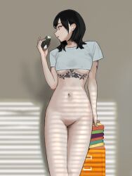 Rule 34 | 1girl, absurdres, black hair, blue shirt, bottomless, breasts, chest tattoo, food, highres, hiramedousa, holding, holding food, looking to the side, medium breasts, navel, onigiri, parted lips, real life, shirt, short hair, short sleeves, solo, standing, t-shirt, tattoo, thighs, underboob, yuna tamago