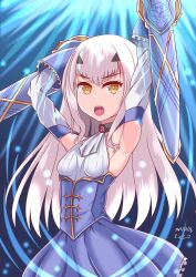Rule 34 | 1girl, arms up, blue background, blush, breasts, commentary request, dated, detached sleeves, dot zip, dress, melusine (fate), fate/grand order, fate (series), gauntlets, grey hair, highres, looking at viewer, open mouth, signature, simple background, sleeveless, small breasts, solo, yellow eyes