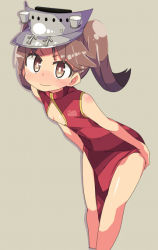 Rule 34 | 10s, 1girl, arms at sides, bent over, brown eyes, brown hair, china dress, chinese clothes, dress, flat chest, kanikama, kantai collection, ryuujou (kancolle), smile, solo, twintails, visor cap