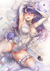 Rule 34 | 1girl, armpits, arms up, bed, blush, breasts, bridal veil, bride, crown, cum, cum on body, cum on upper body, dress, egg vibrator, elbow gloves, feet, female focus, flower, from above, garter straps, gloves, groin, highres, legs, leotard, long hair, looking at viewer, lying, medium breasts, nipples, nonaka kurumi, object insertion, on bed, ookuma nekosuke, open mouth, pillow, purple hair, pussy, pussy juice, see-through, shinmai maou no testament, solo, thigh strap, thighhighs, thighs, toeless legwear, toes, torn clothes, v, vaginal, vaginal object insertion, veil, vibrator, vibrator under clothes, wedding dress, wet, yellow eyes