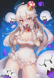 Rule 34 | 1girl, :d, blush, boo (mario), breasts, cleavage, collarbone, colored tongue, commentary request, crown, earrings, elbow gloves, frilled gloves, frilled leotard, frills, gloves, glowing, glowing eyes, grey hair, hair between eyes, hands on own cheeks, hands on own face, heart, highres, jewelry, kyjsogom, large breasts, leotard, long hair, luigi&#039;s mansion, mario (series), mini crown, new super mario bros. u deluxe, nintendo, open mouth, pixelated, pointy ears, princess king boo, puffy short sleeves, puffy sleeves, purple eyes, purple tongue, sharp teeth, short sleeves, signature, smile, spoken blush, super crown, teeth, tilted headwear, tongue, tongue out, translation request, very long hair, white gloves, white leotard