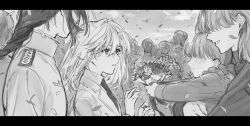 Rule 34 | 6+girls, bad tag, bird, bouquet, braid, dietfried bougainvillea, female, flower, greyscale, highres, letterboxed, male, military, monochrome, motiitigo, multiple, multiple girls, over, uniform, violet evergarden