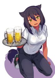 Rule 34 | 1girl, absurdres, alcohol, beer, beer mug, black hair, blush, breasts, collared shirt, commentary request, cup, dark-skinned female, dark skin, fang, female focus, hair between eyes, hair flaps, head tilt, highres, holding, holding tray, jahy, jahy-sama wa kujikenai!, kneeling, konbu wakame, long hair, looking at viewer, medium breasts, mug, open mouth, pants, parted lips, shirt, shoes, short sleeves, simple background, solo, tray, very long hair, wavy mouth, white background, white shirt, wing collar, yellow eyes