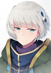 Rule 34 | 1girl, absurdres, bad id, bad pixiv id, blue eyes, hair ornament, highres, lzl j, meteora osterreich, portrait, re:creators, short hair, silver hair, simple background, smile, solo, white background