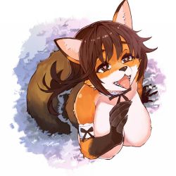 Rule 34 | 1girl, animal ears, armband, breasts, choker, female focus, fox, from above, furry, furry female, kawakami masaki, large breasts, looking up, open mouth, original, solo, symbol-shaped pupils, tail, tongue, tongue out