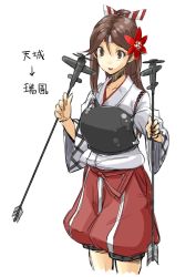 Rule 34 | 10s, 1girl, alternate costume, amagi (kancolle), brown eyes, brown hair, camouflage, character name, cosplay, flower, hachimaki, hair between eyes, hair flower, hair ornament, headband, japanese clothes, kantai collection, long hair, mole, mole under eye, muneate, ofuro mantarou, open mouth, ponytail, solo, zuihou (kancolle), zuihou (kancolle) (cosplay)