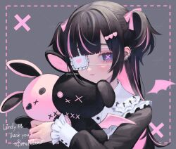 Rule 34 | 1girl, artist name, black dress, black hair, blunt bangs, buttons, check copyright, copyright request, cross in eye, demon wings, detached wings, dress, ear piercing, earrings, eyepatch, frilled eyepatch, grey background, hair ribbon, hand up, highres, holding, holding stuffed toy, hugging doll, hugging object, jewelry, lace, lace-trimmed ribbon, lace trim, long sleeves, nelta rene, original, piercing, pink hair, pink ribbon, ribbon, solo, stuffed animal, stuffed rabbit, stuffed toy, thank you, translation request, two side up, upper body, virtual youtuber, white dress, wings