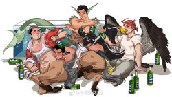 Rule 34 | 4boys, abs, animal, animal ear request, animal on shoulder, animal penis, ass, bara, beer bottle, bird, bird on shoulder, blush, bottle, bottomless, centaur, completely nude, drooling, drunk, facial hair, feathered wings, fins, full body, goatee, grey hair, hair slicked back, harpy boy, head fins, highres, holding, holding bottle, horse boy, horse penis, horse tail, implied anal, implied sex, in water, interspecies, jacket, lying, lying on person, male focus, mature male, merman, midriff peek, monster boy, multiple boys, multiple tails, muscular, muscular male, navel, navel hair, nipples, nude, on side, open clothes, open jacket, orange hair, original, pectoral cleavage, pectorals, penis, short hair, sideburns, sidepec, stomach, tail, tail raised, talons, tank top, taur, uncensored, white tank top, wings, xiaolumiaoliya, yaoi