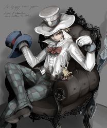 Rule 34 | 1boy, absurdres, alice (lord of vermilion), alice (lord of vermlion), blonde hair, bow, bowtie, crossed legs, hat, highres, lord of vermilion, mad hatter (lord of vermilion), male focus, mega5155214x, mini person, minigirl, needle, new year, red eyes, sewing, short hair, sitting, solo, thread, top hat, typo