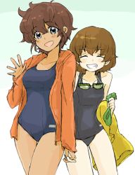 Rule 34 | 10s, 2girls, :d, ^ ^, blue eyes, blue one-piece swimsuit, blush, brown hair, closed eyes, collarbone, cowboy shot, freckles, girls und panzer, goggles, goggles around neck, grin, holding hands, interlocked fingers, jacket, looking at viewer, multiple girls, oimo mushi, one-piece swimsuit, open clothes, open jacket, open mouth, orange jacket, school swimsuit, short hair, simple background, smile, standing, suzuki (girls und panzer), swim cap, swimsuit, thigh gap, towel, tsuchiya (girls und panzer), waving, white background