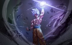 Rule 34 | 1boy, abs, arm up, clenched hand, commentary, dragon ball, energy ball, floating hair, highres, male focus, muscular, muscular male, open mouth, orange pants, pants, rock, sash, scrape, solo, son goku, soy chicken, spiked hair, teeth, topless male, torn clothes, torn pants, ultra instinct, white hair, wristband