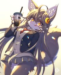 Rule 34 | 1girl, ahoge, animal ears, blazer, blush, body fur, bubble tea, cowboy shot, cup, furry, furry female, grey fur, grey hair, hair ornament, highres, holding, holding cup, jacket, long hair, looking at viewer, necktie, original, pawpads, pleated skirt, red necktie, school uniform, skirt, solo, sweater vest, tail, tongue, tongue out, tsuji, watermark, wolf, wolf ears, wolf girl, wolf tail