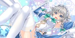 Rule 34 | 1girl, adapted costume, armpits, baton, between legs, blue eyes, braid, bustier, corsage, detached sleeves, fang, garter straps, gloves, highres, izayoi sakuya, juliet sleeves, kantarou (nurumayutei), long sleeves, looking at viewer, maid headdress, open mouth, puffy sleeves, silver hair, skirt, solo, thighhighs, touhou, twin braids, white gloves, white thighhighs, zettai ryouiki