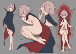 Rule 34 | 1girl, ass, bat (animal), breasts, cape, chair, fang, crossed legs, mogumo, multiple views, naked cape, original, pointy ears, red eyes, see-through, short hair, sitting, small breasts, smile, throne, vampire, white hair