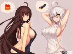 Rule 34 | 2girls, ;), absurdres, ahoge, alternate costume, armpits, arms behind head, arms up, artist name, back, backless outfit, bad id, bad pixiv id, bare arms, bare back, bare shoulders, black sweater, blackcat12, blunt bangs, breasts, brown eyes, brown hair, butt crack, character request, chocolate banana, cowboy shot, drawstring, fate/grand order, fate (series), from behind, green eyes, grey background, hair between eyes, highres, large breasts, lips, long hair, looking at viewer, looking back, medium hair, meme attire, multiple girls, one eye closed, phallic symbol, pointing, pointing at self, ribbed sweater, scathach (fate), sideboob, simple background, smile, standing, sweater, thought bubble, tsurime, very long hair, virgin killer sweater, white sweater