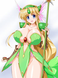 Rule 34 | 1girl, armor, bikini armor, blonde hair, blue eyes, breasts, brown gloves, cleavage, collarbone, curvy, dress, elbow gloves, female focus, fingerless gloves, gem, gloves, gradient background, green gemstone, groin, hair ornament, hair ribbon, headgear, highres, huge breasts, long hair, looking at viewer, no panties, open mouth, polearm, raochuu, red gemstone, revealing clothes, ribbon, riesz, seiken densetsu, seiken densetsu 3, simple background, skirt, solo, spear, standing, thick thighs, thighs, trident, very long hair, weapon, wide hips