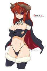 Rule 34 | 1girl, breast hold, breasts, cape, cleavage, collar, copyright request, demon, highres, horns, large breasts, long hair, oekaki, onija tarou, red eyes, red hair, skull, solo, thighhighs