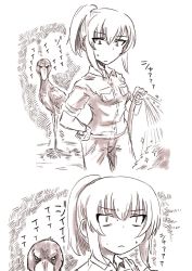 Rule 34 | &gt;:&lt;, 10s, 1girl, :&lt;, alternate hairstyle, animal, bird, bird wings, bob (you-u-kai), breast pocket, bush, closed mouth, collared shirt, commentary request, feathers, frown, girls und panzer, glaring, gloves, greyscale, hair between eyes, hand on own hip, hand up, high ponytail, holding, holding hose, hose, itsumi erika, long sleeves, looking at another, looking down, monochrome, outdoors, pants, pocket, ponytail, shirt, shoebill, short ponytail, sidelocks, sleeves rolled up, slit pupils, sparkle, standing, sweat, sweatdrop, translation request, v-shaped eyebrows, water, wings