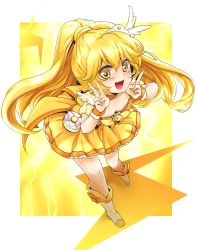 Rule 34 | 10s, 1girl, blonde hair, boots, bow, choker, cure peace, double v, dress, flat chest, full body, hair flaps, hair ornament, hairpin, kise yayoi, long hair, magical girl, precure, rimu (kingyo origin), skirt, smile, smile precure!, solo, v, wide ponytail, yellow background, yellow bow, yellow dress, yellow eyes, yellow skirt, yellow theme