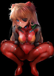 Rule 34 | 1girl, absurdres, ass, blue eyes, blush, bodysuit, breasts, brown hair, evangelion: 3.0+1.0 thrice upon a time, eyepatch, hair ornament, highres, legs apart, lips, long hair, looking at viewer, neon genesis evangelion, nohito, plugsuit, rebuild of evangelion, red bodysuit, skin tight, smile, solo, souryuu asuka langley, squatting, standing, sweat, two side up