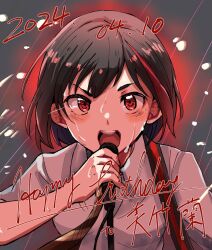 Rule 34 | 1girl, bang dream!, black hair, blush, brown necktie, character name, commentary request, dated, happy birthday, highres, looking at viewer, mitake ran, multicolored hair, necktie, open mouth, rain, red eyes, red hair, satoshi (peso727), shirt, short hair, solo, streaked hair, translated, wet, white shirt