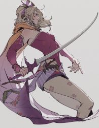 Rule 34 | 1girl, amano yoshitaka design, ass, blonde hair, blue eyes, breasts, cape, detached sleeves, dress, earrings, fighting stance, final fantasy, final fantasy vi, grey background, hair ribbon, highres, holding, holding sword, holding weapon, jewelry, medium breasts, medium hair, oimo (oimkimn), pantyhose, parted bangs, patterned legwear, pink dress, ponytail, ribbon, short dress, solo, sword, tight clothes, tight dress, tina branford, upper body, weapon