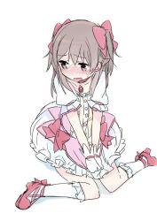 Rule 34 | 1girl, bad id, bad pixiv id, blush, bow, brown hair, cosplay, dress, female focus, hair bow, kaname madoka, kaname madoka (cosplay), kaname madoka (magical girl), kyouno madoka, looking away, mahou shoujo madoka magica, mahou shoujo madoka magica (anime), mizuki (koko lost), name connection, rinne no lagrange, simple background, solo, white background