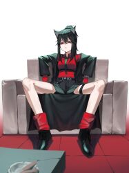 Rule 34 | 1girl, absurdres, animal ears, arknights, ashtray, belt, black belt, black coat, black footwear, black hair, black shorts, breasts, closed mouth, coat, collared shirt, commentary, couch, cross-laced footwear, diagonal-striped clothes, diagonal-striped necktie, disgust, dress shirt, ear piercing, english commentary, full body, gloves, green necktie, hair between eyes, half-closed eyes, high ponytail, highres, looking at viewer, manspreading, medium breasts, medium hair, necktie, official alternate costume, open clothes, open coat, orange eyes, piercing, ponytail, red gloves, red shirt, red socks, shaded face, shirt, shoes, short shorts, shorts, sidelocks, siguya, simple background, sitting, socks, solo, spread legs, striped clothes, striped shorts, texas (arknights), texas (willpower) (arknights), thigh strap, tile floor, tiles, trench coat, underbust, vertical-striped clothes, vertical-striped shorts, white background, wing collar, wolf ears, wolf girl