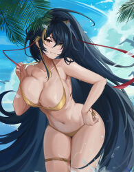 Rule 34 | 1girl, absurdly long hair, animal ear fluff, animal ears, azur lane, bare shoulders, bikini, black hair, blue sky, breasts, cloud, collarbone, day, gold bikini, grin, hair between eyes, hand on own hip, harbin (azur lane), harbin (union between sea and sky) (azur lane), highres, large breasts, leaning forward, long hair, looking at viewer, mole, mole under eye, multicolored hair, navel, official alternate costume, outdoors, piuta, ponytail, pulled by self, side-tie bikini bottom, sky, smile, solo, strap pull, streaked hair, swimsuit, thigh strap, thighs, very long hair, wet, yellow eyes