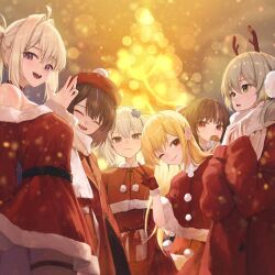 Rule 34 | 6+girls, :3, ^ ^, alternate hair color, animal ears, bad id, bad twitter id, beret, blonde hair, blue eyes, blurry, blurry background, blush, bow, brown hair, capelet, christmas, christmas tree, closed eyes, closed mouth, cowboy shot, cross hair ornament, deer ears, dress, eating, fake animal ears, food in mouth, furrowed brow, gift, gloves, gosegu, green eyes, hair bow, hair intakes, hair ornament, hand up, hands on own chest, hat, highres, holding, holding gift, huhi (huhi 1211), ine (vtuber), jingburger, jururu, light, lilpa, long hair, long sleeves, multiple girls, night, open mouth, outdoors, own hands together, purple eyes, red bow, red capelet, red dress, red eyes, red gloves, red headwear, red sweater, scarf, sidelocks, smile, snowing, standing, sweater, swept bangs, teeth, thighlet, upper teeth only, v, viichan, virtual youtuber, waktaverse, waving, white scarf