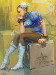 Rule 34 | 1girl, black hair, blue dress, boots, box, bracelet, breasts, brown eyes, bun cover, capcom, cardboard box, china dress, chinese clothes, chun-li, double bun, dress, earrings, head rest, highres, jewelry, knees together feet apart, large breasts, on box, pantyhose, pelvic curtain, puffy short sleeves, puffy sleeves, sash, short hair, short sleeves, sitting, solo, spiked bracelet, spikes, street fighter, user fuyz3388, white footwear