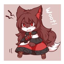 Rule 34 | 1girl, animal ear fluff, animal ears, brooch, brown hair, cape, claws, dress, english text, fang, furry, furry female, imaizumi kagerou, imaizumi kagerou (wolf), jewelry, long hair, long sleeves, open mouth, red eyes, sandals, simple background, solo, sweatdrop, tail, tamahana, touhou, wide sleeves, wolf ears, wolf tail