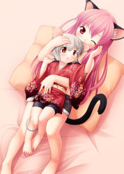 Rule 34 | 2girls, age difference, animal ears, barefoot, bike shorts, blush, brown eyes, cat ears, cat tail, child, denim, denim shorts, feet, height difference, hug, inuarashi, japanese clothes, kimono, long hair, lying, lying on person, mouse ears, mouse tail, multiple girls, one eye closed, petite, pillow, pink eyes, pink hair, short hair, shorts, silver hair, size difference, spandex, tail, wink, yukata