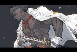 Rule 34 | 1boy, abs, arm out of sleeve, beard, black hair, dark-skinned male, dark skin, dreadlocks, facial hair, fingerless gloves, from side, gloves, grey background, guilty gear, guilty gear strive, highres, jacket, katana, letterboxed, male focus, manly, nagoriyuki, ogata tomio, open clothes, open jacket, pectorals, simple background, solo, stubble, sword, undercut, weapon, white gloves, white jacket